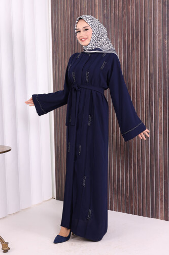 Boncuk İşlemeli Tam Boy Ferace 7894 Lacivert - 3