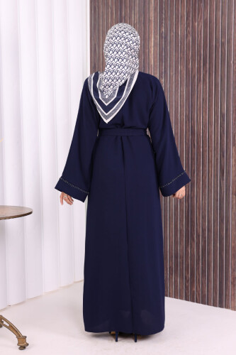 Boncuk İşlemeli Tam Boy Ferace 7894 Lacivert - 4