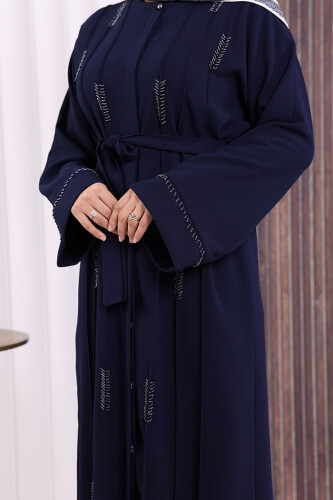 Boncuk İşlemeli Tam Boy Ferace 7894 Lacivert - 6