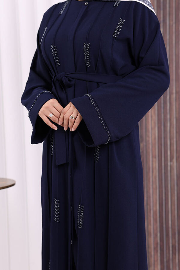 Boncuk İşlemeli Tam Boy Ferace 7894 Lacivert - 6
