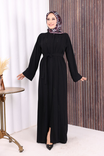 Boncuk İşlemeli Tam Boy Ferace 7894 Siyah - Bym Fashion