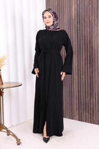 Boncuk İşlemeli Tam Boy Ferace 7894 Siyah - 2