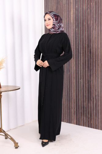 Boncuk İşlemeli Tam Boy Ferace 7894 Siyah - 3