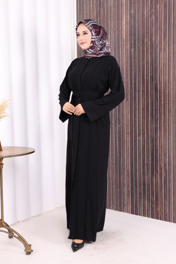 Boncuk İşlemeli Tam Boy Ferace 7894 Siyah - 3