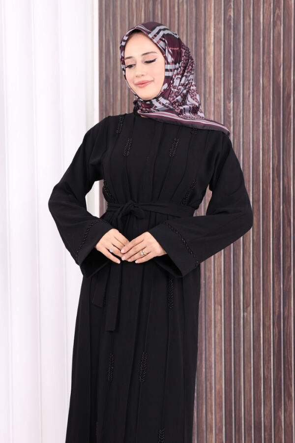 Boncuk İşlemeli Tam Boy Ferace 7894 Siyah - 5