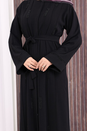 Boncuk İşlemeli Tam Boy Ferace 7894 Siyah - 6