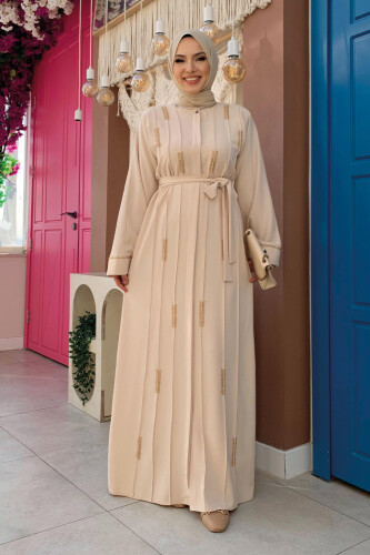 Boncuk İşlemeli Tam Boy Ferace 7894 Taş - Bym Fashion