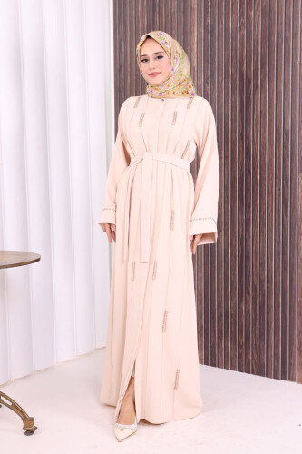 Boncuk İşlemeli Tam Boy Ferace 7894 Taş - Bym Fashion