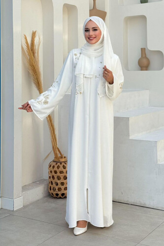 Nakış İşleme Detaylı Ferace 7895 Ekru - Bym Fashion