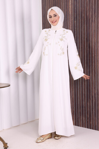 Nakış İşleme Detaylı Ferace 7895 Ekru - Bym Fashion