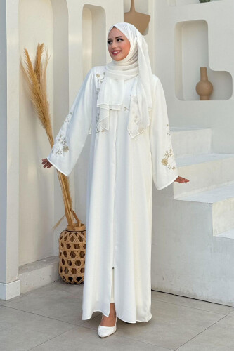 Nakış İşleme Detaylı Ferace 7895 Ekru - 9