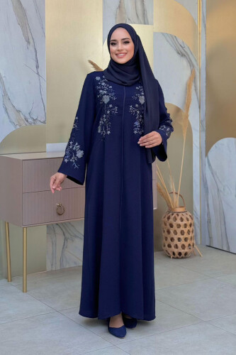 Nakış İşleme Detaylı Ferace 7895 Lacivert - Bym Fashion