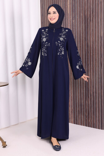 Nakış İşleme Detaylı Ferace 7895 Lacivert - Bym Fashion