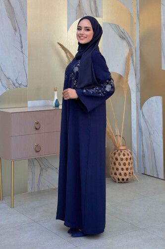 Nakış İşleme Detaylı Ferace 7895 Lacivert - 10