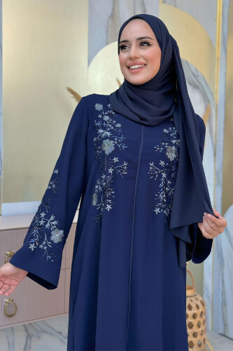 Nakış İşleme Detaylı Ferace 7895 Lacivert - 11