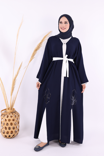 Nakış İşleme Detaylı Bel Kuşaklı Abaya 7901 Lacivert 