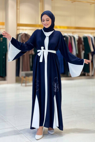 Nakış İşleme Detaylı Bel Kuşaklı Abaya 7901 Lacivert - 7