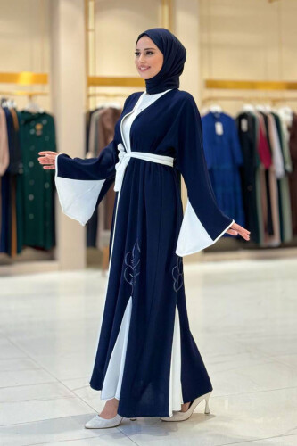 Nakış İşleme Detaylı Bel Kuşaklı Abaya 7901 Lacivert - 9