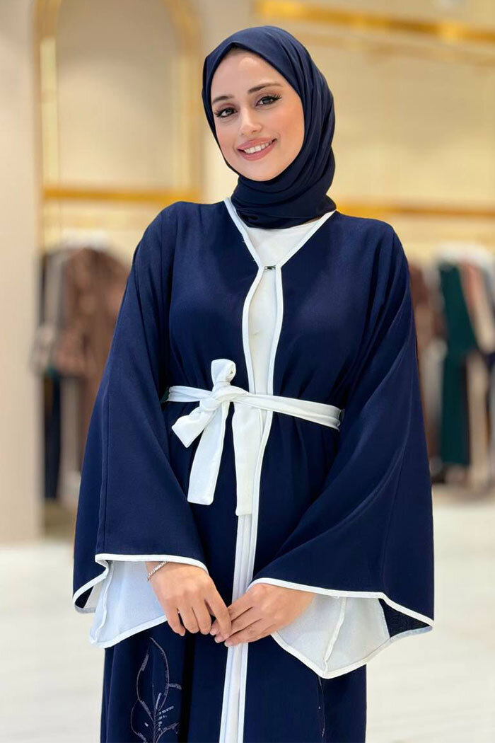 Nakış İşleme Detaylı Bel Kuşaklı Abaya 7901 Lacivert - 10