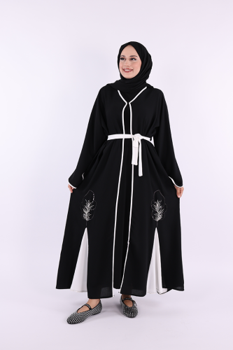 Nakış İşleme Detaylı Bel Kuşaklı Abaya 7901 Siyah - bym fashion