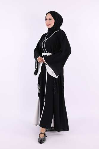 Nakış İşleme Detaylı Bel Kuşaklı Abaya 7901 Siyah - 2