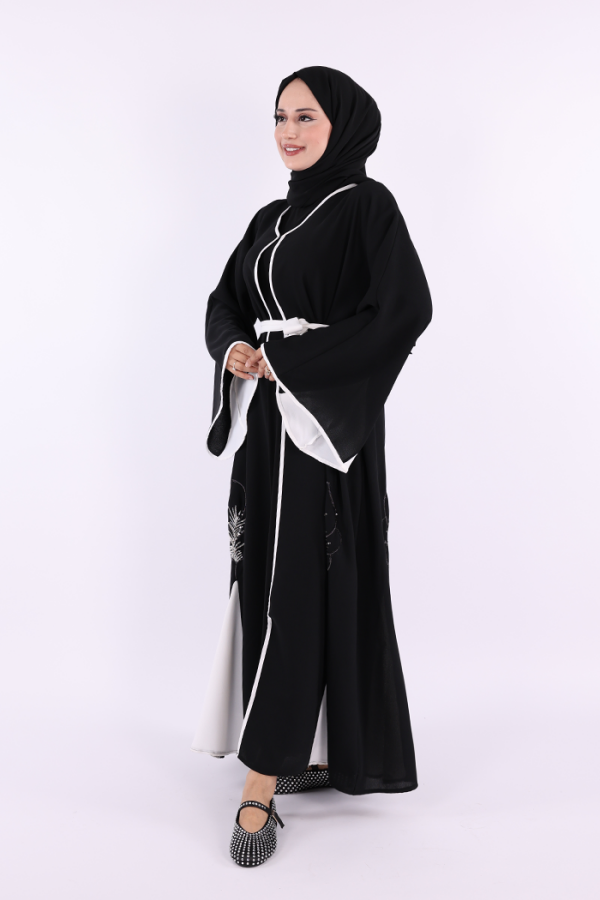 Nakış İşleme Detaylı Bel Kuşaklı Abaya 7901 Siyah - 2