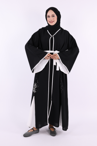 Nakış İşleme Detaylı Bel Kuşaklı Abaya 7901 Siyah - 3