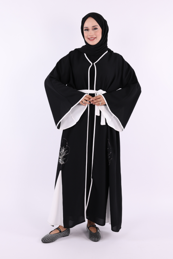 Nakış İşleme Detaylı Bel Kuşaklı Abaya 7901 Siyah - 3