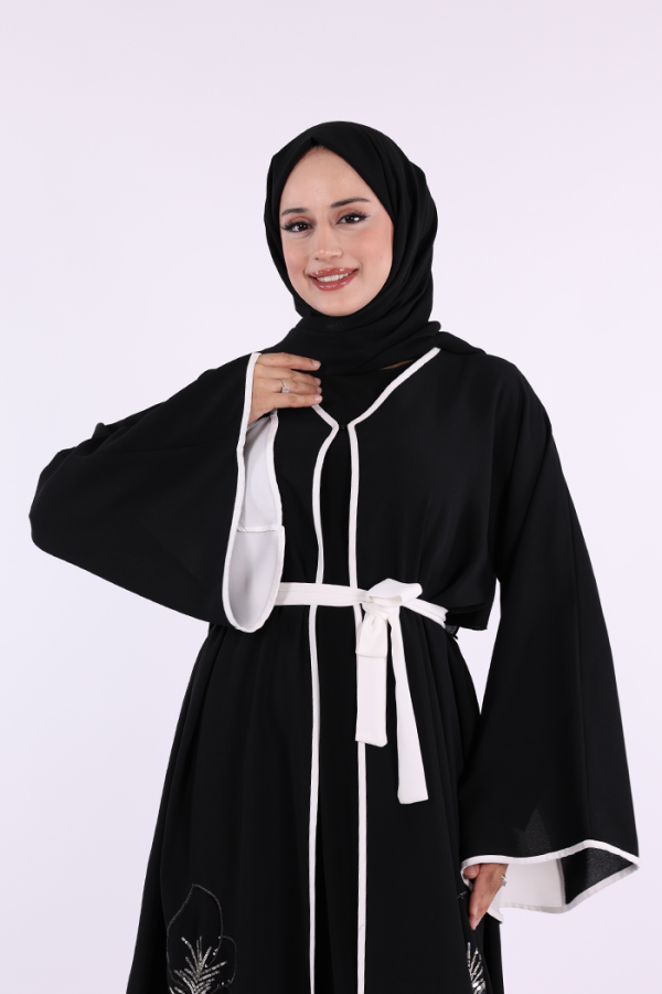 Nakış İşleme Detaylı Bel Kuşaklı Abaya 7901 Siyah - 5
