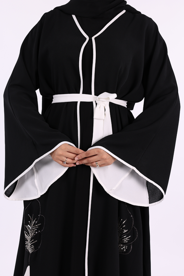 Nakış İşleme Detaylı Bel Kuşaklı Abaya 7901 Siyah - 6