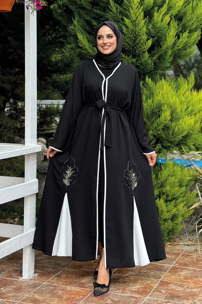 Nakış İşleme Detaylı Bel Kuşaklı Abaya 7901 Siyah - 8