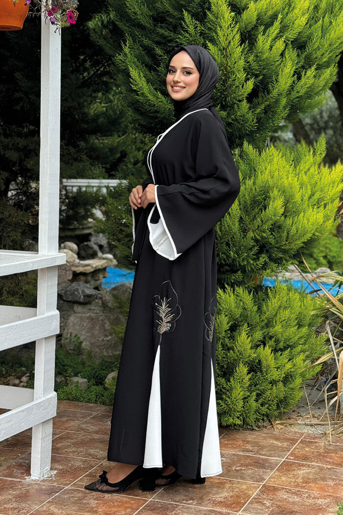 Nakış İşleme Detaylı Bel Kuşaklı Abaya 7901 Siyah - 9