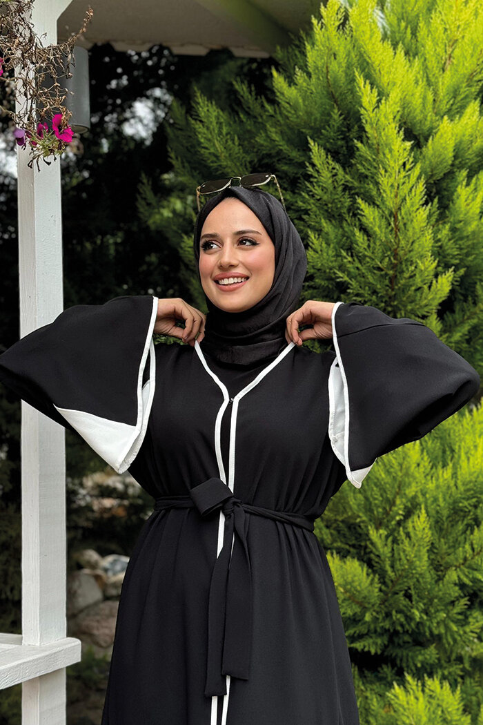 Nakış İşleme Detaylı Bel Kuşaklı Abaya 7901 Siyah - 10