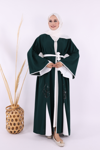 Nakış İşleme Detaylı Bel Kuşaklı Abaya 7901 Zümrüt 