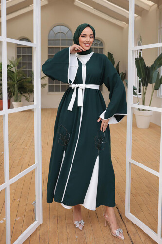Nakış İşleme Detaylı Bel Kuşaklı Abaya 7901 Zümrüt - 7