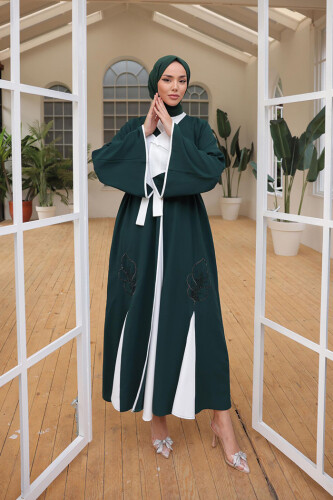 Nakış İşleme Detaylı Bel Kuşaklı Abaya 7901 Zümrüt - 8