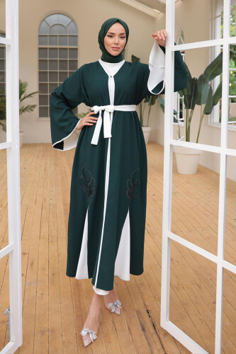 Nakış İşleme Detaylı Bel Kuşaklı Abaya 7901 Zümrüt - 9