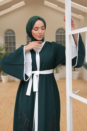 Nakış İşleme Detaylı Bel Kuşaklı Abaya 7901 Zümrüt - 10