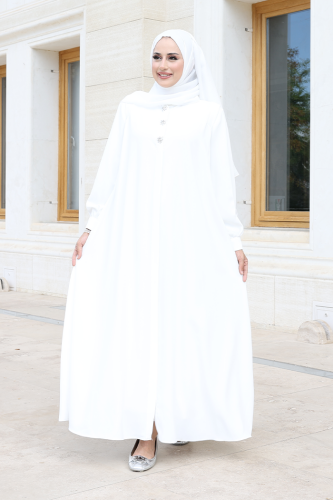 Boydan Düğmeli Taş İşleme Detaylı Ferace 7903 Ekru - 2