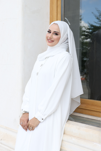 Boydan Düğmeli Taş İşleme Detaylı Ferace 7903 Ekru - 3