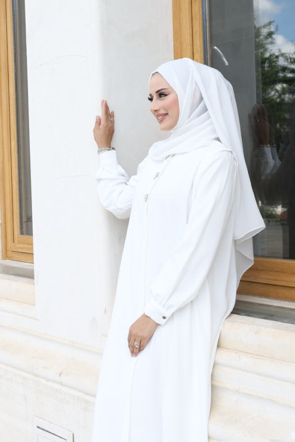 Boydan Düğmeli Taş İşleme Detaylı Ferace 7903 Ekru - 4