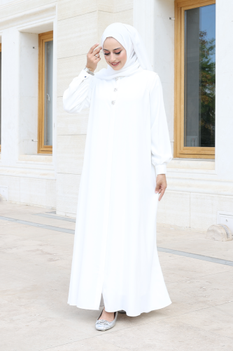 Boydan Düğmeli Taş İşleme Detaylı Ferace 7903 Ekru - Bym Fashion