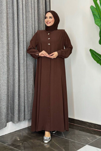Boydan Düğmeli Taş İşleme Detaylı Ferace 7903 Kahverengi - Bym Fashion