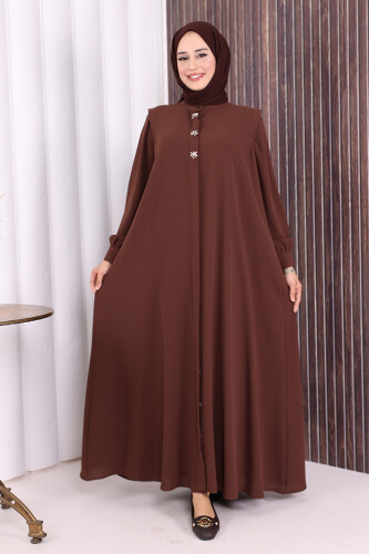 Boydan Düğmeli Taş İşleme Detaylı Ferace 7903 Kahverengi 