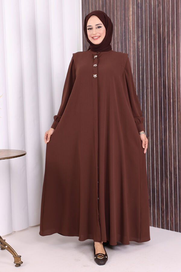 Boydan Düğmeli Taş İşleme Detaylı Ferace 7903 Kahverengi - 1