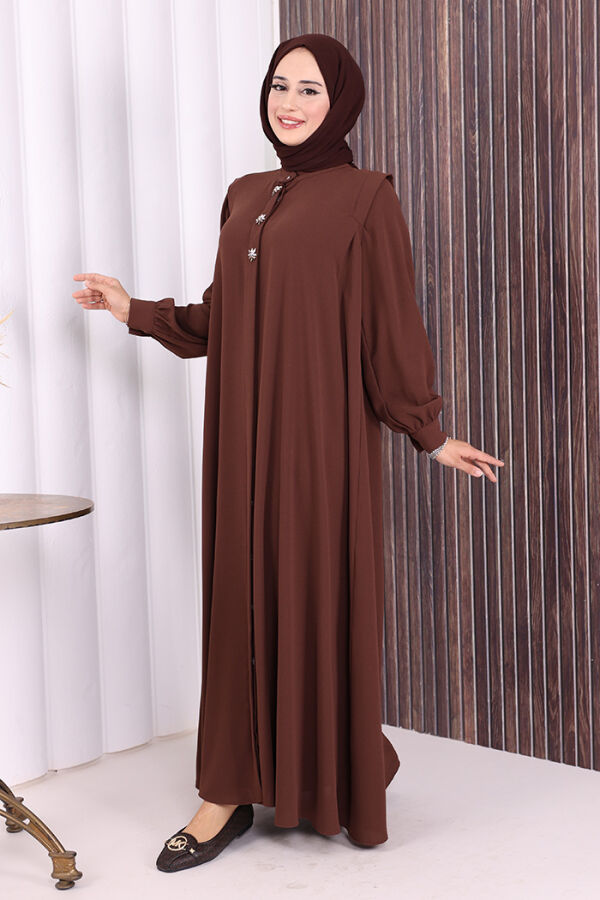 Boydan Düğmeli Taş İşleme Detaylı Ferace 7903 Kahverengi - 2