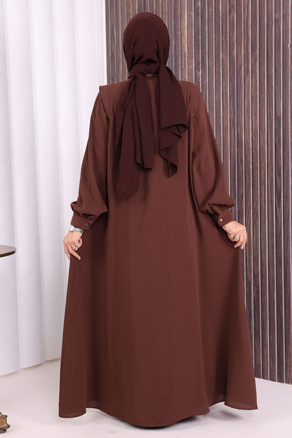 Boydan Düğmeli Taş İşleme Detaylı Ferace 7903 Kahverengi - 4