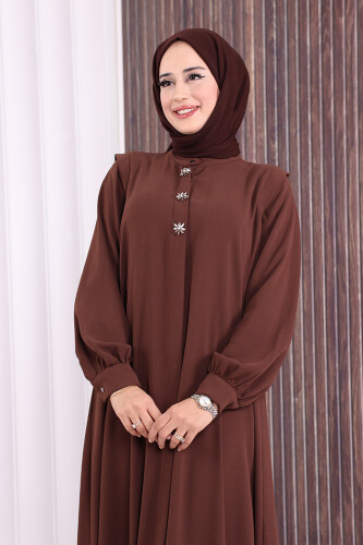 Boydan Düğmeli Taş İşleme Detaylı Ferace 7903 Kahverengi - 5