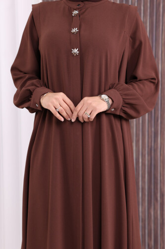 Boydan Düğmeli Taş İşleme Detaylı Ferace 7903 Kahverengi - 6