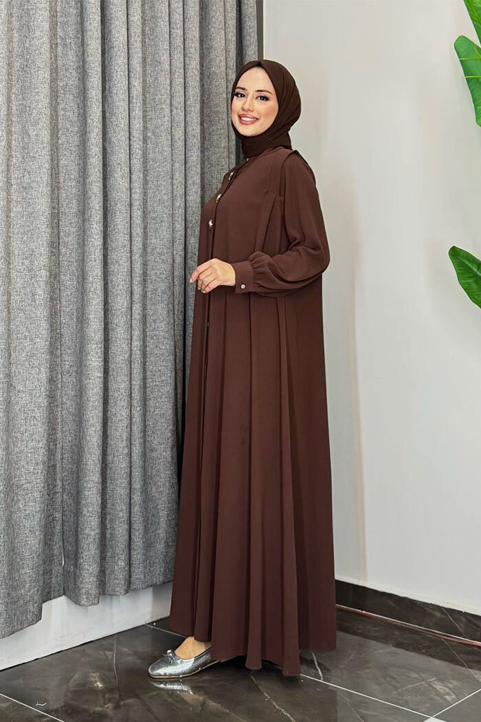 Boydan Düğmeli Taş İşleme Detaylı Ferace 7903 Kahverengi - 8